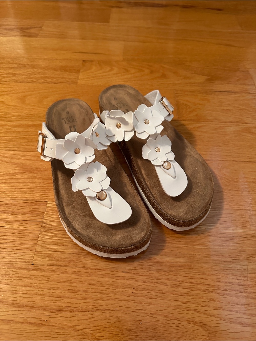 White floral slip on sandals
